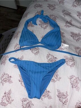 Blue Ribbed Triangle Bikini Set